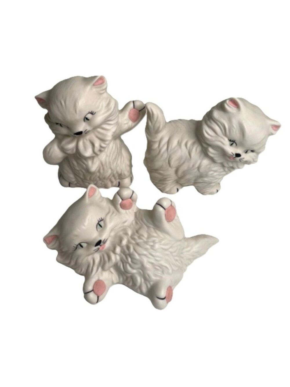 Vintage Ceramic White Persian Kitten Figurine Set Blue Eyed Cats Kitsch 1970s